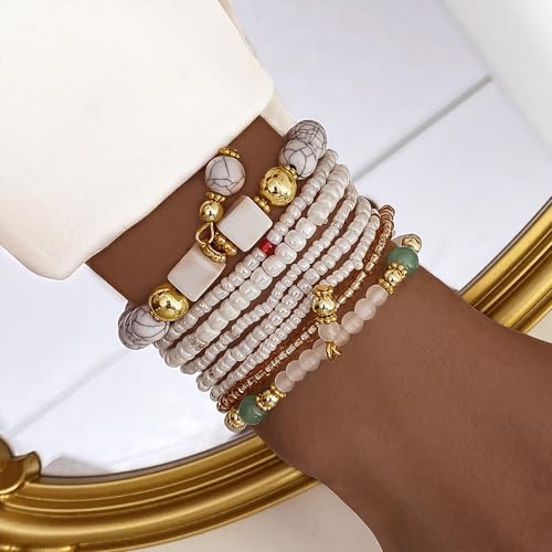 IFKM 8PCS Beaded Bracelets for Women, Multilayered Stackable Strand Stretch Bead Bracelet Pack Handmade Trendy Bohemian Charm Jewelry - color: White