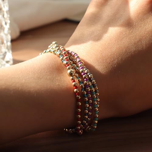 Gold Beaded Stackable Friendship Bracelets Set for Women, Handmade Boho Stretch Summer Jewelry Gift. - color: 0903B