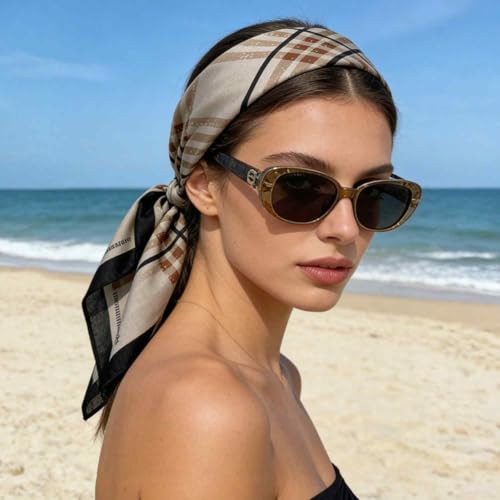 21 x 21 Inch Cotton Bandana for Women and Men,Soft Breathable Head Scarf, Multi-purpose Headband, Hair Scarf - color: Large Check Khaki-un11