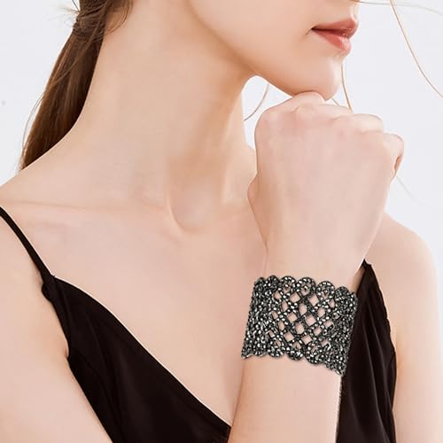 EVER FAITH Art Deco Love Knot Wide Stretch Bridal Bracelet Austrian Crystal - color: Black Black-Tone