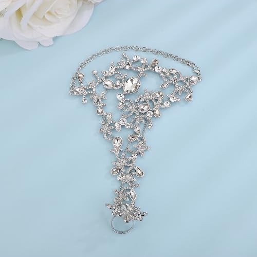 Denifery Rhinestones Finger Ring Bracelet Hand Chain Bracelets with Ring Slave Bracelets Boho Bangle Bracelets Wedding Hand Harness Hand Accessories for Women - color: Silver