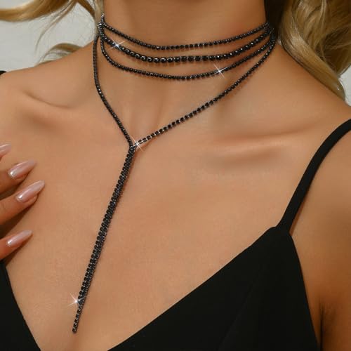 Statement Layered Sparkly Crystal Choker Black Long Tassel Y Necklace for Women, Dainty Multilayer Silver Bling Rhinestone Necklaces Prom Jewelry Gift - color: Black