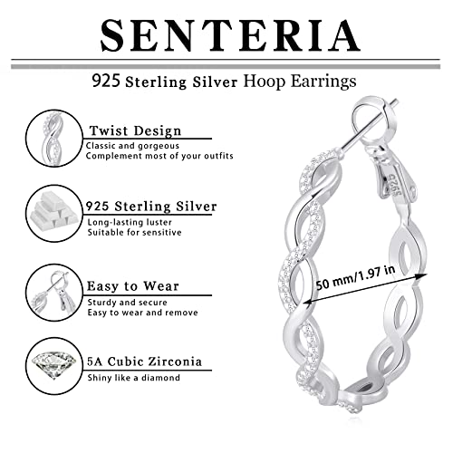 Senteria 925 Sterling Silver Post Hoops Earrings for Women Lightweight Twisted Hoop Earrings With Cubic Zirconia Hypoallergenic Silver Hoops Earrings (20/30/40/50/60MM) - color: silver-50mm