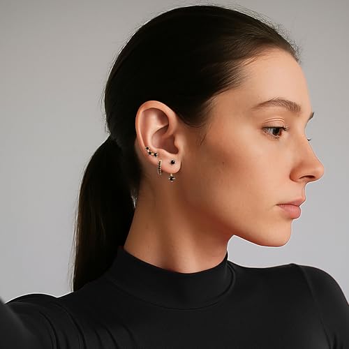 3 Pairs Dainty Small 4th of July Earrings for Women Trendy, Birthstone Stud Huggie Hoop Jacket Stack for Cartilage Helix, Gold Plated Hypoallergenic Cute Women Fashion Accessories Western Jewelry Gifts - color: Black CZ (Gold)