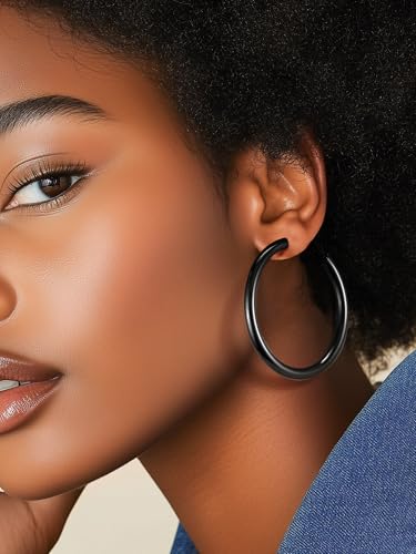 Stainless Steel Chunky Hoop Earrings For Women, Minimalist and Chic, Black/Gold Plated, Round Hoops Earrings Hypoallergenic, Size: 30mm/40mm/60mm/80mm, Come with Box - color: 1. Black, size: 60MM