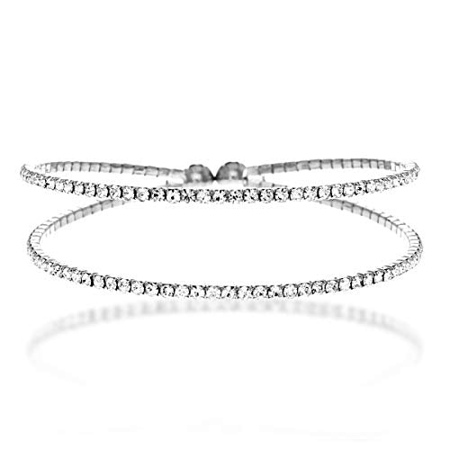 NTLX Crystal Bracelet for Women – Rhinestone Bangle Bracelet – Silver & Gold Plated - Flexible & Adjustable – Two Row - Bridal, Wedding, Prom, Party, Pageant, Evening, Casual, Bracelet - with Gift Box - color: Silver