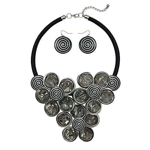 Statement Chunky Flower African Necklace For Women Tribal Fashion Costume Jewelry Earring Sets Unique Big Colorful Rhinestone Crystal Pendent Collar Choker Bib Handmade - color: three flowers black