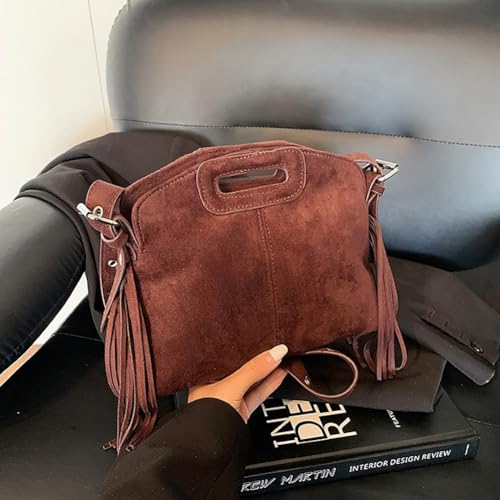 Women's Suede Fringe Crossbody Bag, Retro Hollow Handle Shoulder Purse, Novelty Fashion Tassels Bucket Bag Handbag - color: Coffee