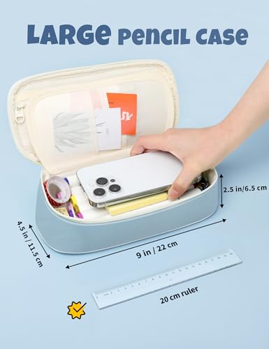 SUNEE Cute Pencil Case, Aesthetic Pen Pouch, Colored Large Pencil Bag with Zipper, Kawaii Stationery Storage and Organizer, School Supplies for Teen and Adult Girls, Blue - color: Blue