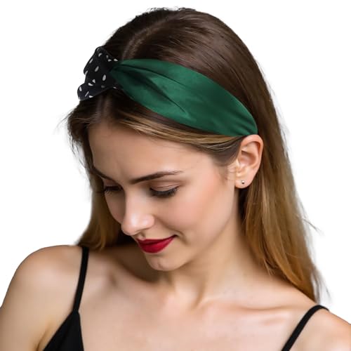 ZLYC Mulberry Silk Headband Elastic Twist Knotted Head Bands for Women's Hair, Polka Dots and Dark Green - color: Polka Dots and Dark Green