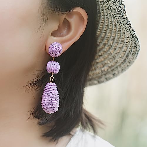 Boho Raffia Earrings Statement Dangle Earrings Cute Teardrop Ball Earrings Colorful Summer Jewelry Handmade Rattan Earrings for Women - color: Purple