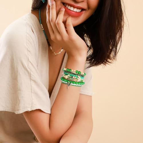 Shell Bracelet Seashell Boho Beaded Stretch Bracelets for Women Summer Beach Bracelets Starfish Charm Bracelet Stackable Gold Plated Bracelets Set for Women - color: f-green1
