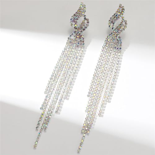 Rhinestone Tassel Earrings Sparkly Long Fringe Crystal Chandelier Dangle Drop Earrings Wedding Party Prom Earrings Premium Iridescent Earrings Wedding Party Jewelry Gifts for Women - color: Silver3