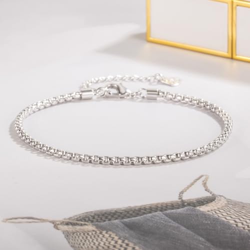Dankadi Women 925 Sterling Silver Anklets Bracelet Men Simple Chopin/Box Chain/Twist Rope Chain Summer Beach Foot 24k Gold Plated Jewelry Gift - color: Box Chain Silver, size: 30cm