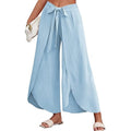 Wide Leg Tie Belted Linen Capri Pants for Women Casual High Waist Irregular Split Hem Palazzo Cropped Trousers - color: Light Blue, size: Medium