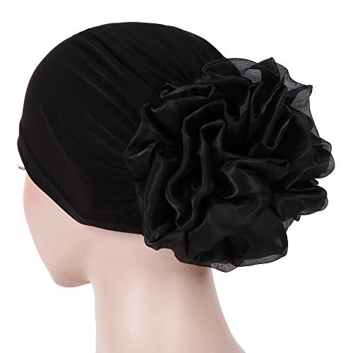 Women Big Flower Turban Hat Head wrap Headwear Cancer Chemo Beanie Cap Hair Loss Cover - color: Black