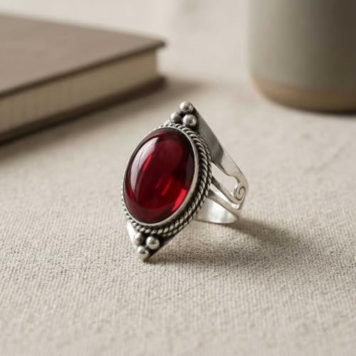 Handmade 925 Sterling Silver Plated Ring Natural Gemstone Carnelian, Rose Quartz, Tiger Eye, Crystal Oval Boho Jewelry For Women - color: Garnet Quartz