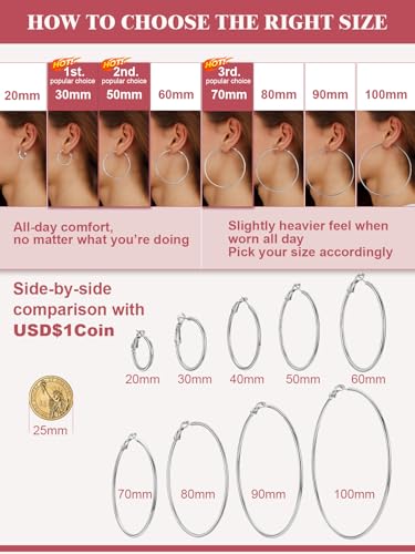 FOCALOOK 14K Gold Plated Lightweight Large Hoops| 2mm Thin Hoop Earrings for Women 30/40/50/70/100mm - color: 01.Silver, size: 70mm