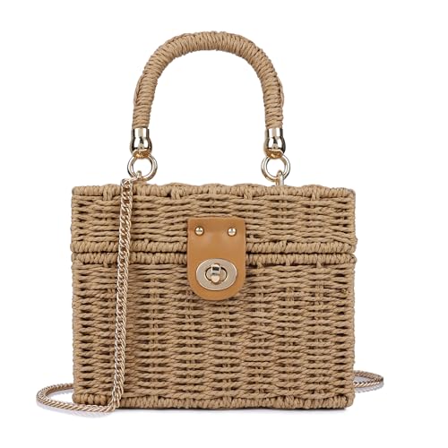 Handwoven Rattan Bag for Women Wicker Crossbody Shoulder Bag Straw Beach Tote Bag Top Handle Satchel Handbag with Chain Strap - color: Brown