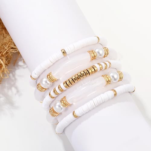 Elegance 11 designs colorful bracelets for women Surfer Thick Tube Heishi Summer Beach Beaded Stackable Boho Stretch Bracelets - color: Elegant White