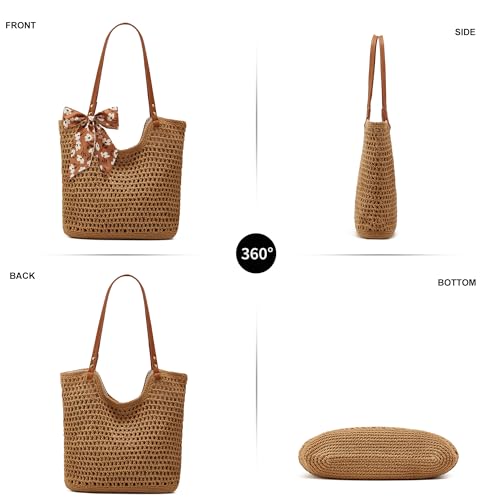 Crochet Beach Bags for Women Woven Purses Shoulder Bag Tote Handbag Summer Beach Purse - color: Wy10-brown