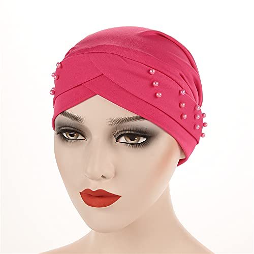 Women Beaded Silky Beanie, Pre-Tied Turban Head Wrap Cap for Chemo Chemical Cancer Hair Loss Cover Hat - color: Rose Red