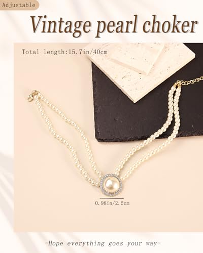 Bethynas Boho Layered Pearl Rhinestones Choker Necklace Vintage Chunky Pearl Crystal Pendant Short Necklace Chain Bridal Prom 1920s Costume Party Jewelry for Women - color: Pearl 3