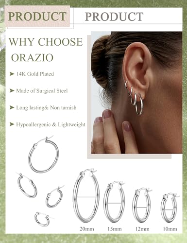 ORAZIO 4 Pairs Stainless Steel Hoop Earrings Set Cute Huggie Earrings for Women,10MM-20MM - style: Silver Plated,4 pairs