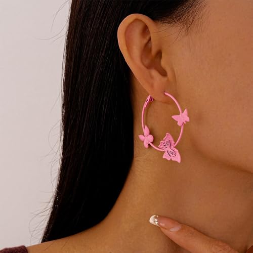Kercisbeauty Polished Butterfly Big Hoop Earrings for Women Special Occasion Cute Jewelry - color: Pink