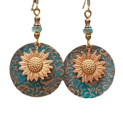 Boho Teardrop Earrings, Handmade Copper Bohemian Earrings, Dangle Antique Ethnic Jewelry for Women - color: Sunflower