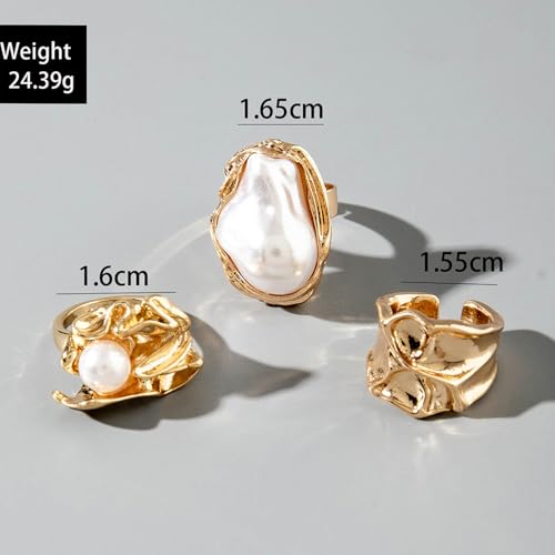 Chunky Gold Rings for Women Non Tarnish Statement Flower Ring Baroque Pearl Stackable Rings Set 6Pcs Chunky Jewelry - color: Gold 5