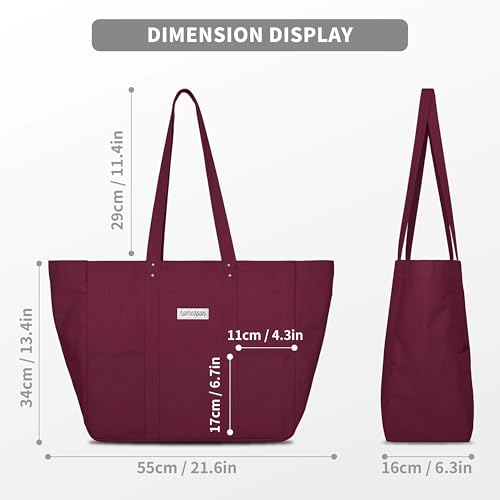 HOMESPON Large Canvas Tote Bag for Women Everything Bag with Pockets and Laptop Sleeve - color: Maroon