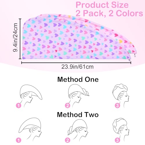 Basumee Microfiber Hair Towel Wrap for Kids 2 Pack Rapid Drying Hair Towel with Button Hair Turbans for Wet Hair Wraps Head Towel Wrap for Women and Girls - color: Pink Purple Love