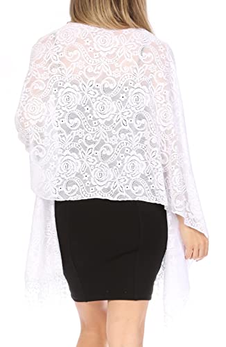 Sakkas Mari Women's Large Lightweight Soft Lace Scarf Wrap Shawl Floral and Fringe - color: Style10-white