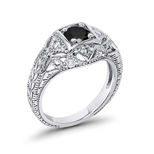 Blue Apple Co. Art Deco Ring Round Cubic Zirconia Leaf Filigree Design Split Shank Twisted Band Bridal Statement Wedding Engagement Rings For Women 925 Sterling Silver Gifts For Her - color: Simulated Black CZ