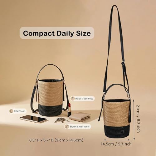 Eiyye Mini Woven Bucket Bag for Women Lightweight Straw Style Crossbody Purse with Leather Strap Drawstring Closure Summer Boho Handbag
