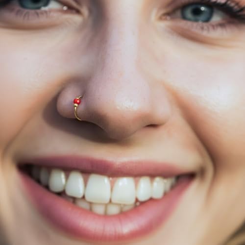 925 Sterling Silver & 14K Gold Filled Nose Ring Hoop Handmade Piercing Jewelry For Women - 24 Gauge 2mm,7mm Tiny Nose Ring with Opal - Gift Ready - color: Red Opal Gold