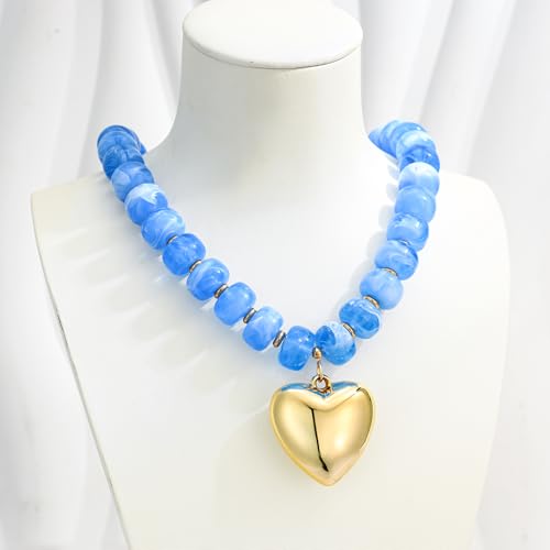 WOWORAMA Chunky Heart Necklaces for Women Colorful Resin Beaded Choker Necklace Gold Puffy Heart Statement Necklace Trendy Acrylic Choker Jewelry - color: Light-Blue