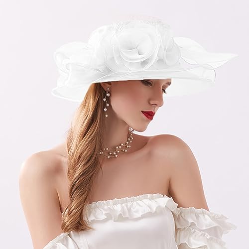 ORIDOOR Women’s Organza Church Tea Party Wedding Fascinator Derby Hat Wide Brim Sun Hats - color: D5-white