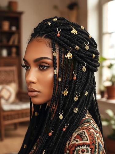 Formery Beads Dreadlock Clip Accessories Gold Elephant Box Braid Rings Heart African Hair Charms Jewelry for Black Women (13PCS)