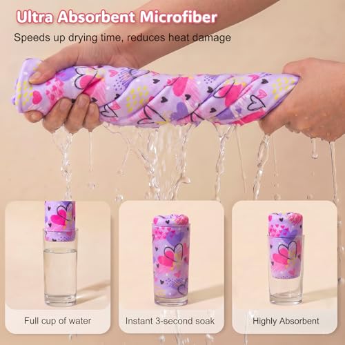 Basumee Microfiber Hair Towel Wrap for Kids 2 Pack Rapid Drying Hair Towel with Button Hair Turbans for Wet Hair Wraps Head Towel Wrap for Women and Girls, Blue and Purple Love - color: Blue and Purple Love