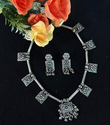 Indian Designer Statement Afghani Silver Oxidised Dual Tone Ethnic Traditional Tassel Choker Necklace Jewelry Women - color: Silver
