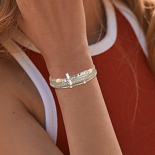 Fesciory Leopard Bracelet for Women, Boho Leather Wrap Multi-Layer Pearl Crystal Bracelet Bangle Jewelry - style: Blessed Cross(Khaki)