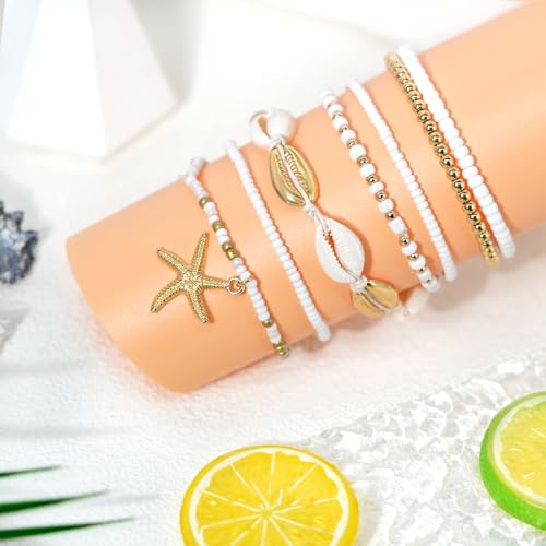 Handmade Summer Turtle Starfish Bracelets Bohemian Beaded Seashell Bracelets Set Adjustable Waterproof Summer Beach Surfer Bracelets Summer Vacation Jewelry Bahamas Souvenirs - color: Gold