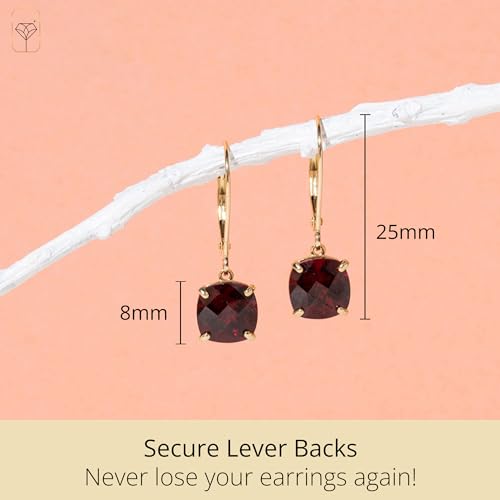 14k White or Yellow Gold Cushion Cut Gemstone Dangle Earrings for Women with 8mm Birthstones by MAX + STONE - color: Garnet