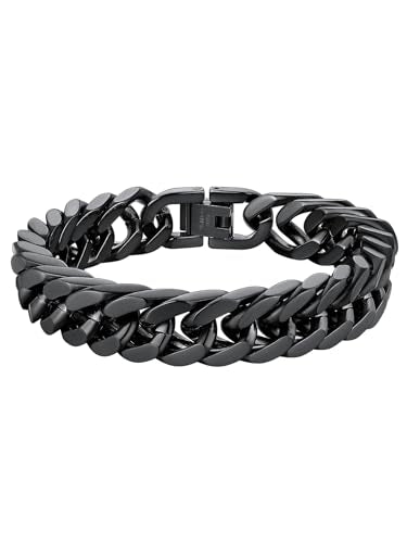 ChainsHouse Stainless Steel Cuban Link Bracelet, 8mm/12mm/17mm Width, 7.5"/8.3"/9", 18K Gold Plated Chain Wrist Bracelets for Men Women, Send Gift Box - color: I: Black-12mm width