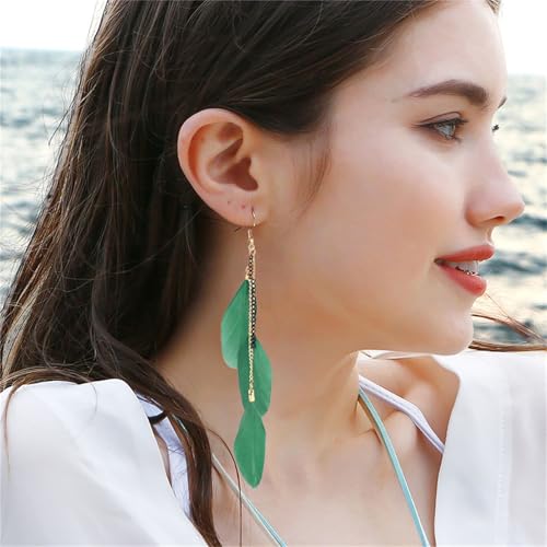 coadipress Boho Piercing Tassel Feather Long Chain Earrings Retro Lightweight Native Feather Dangle Drop Earrings for Women Bohemian Handmade Natural Feathers Earring Jewelry - color: Arm Green
