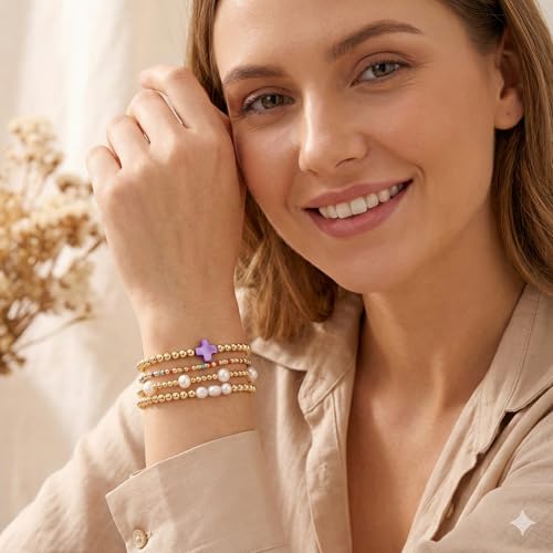 Gold Beaded Cross Bracelet for Women, 14K Plated Adjustable Stackable Dainty Bracelets, Non Tarnish Fashion Jewelry Set Gifts for Women Birthday Friendship - color: Colors-5