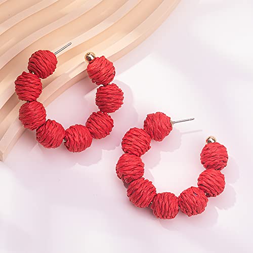 Raffia Hoop Earrings Statement Boho Beaded Earrings Cute Rattan Handmade Colorful Jewelry for Women Unique Summer Outfits - color: Red