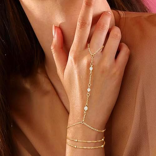 Gold Bracelets for Women, 14k Gold Plated Hand Chain Bracelet, 2 Pcs Ring Bracelets for Women Trendy Dainty Cubic Zirconia Bracelet Ring Bracelet Hand Jewelry Adjustable 6.3'+2' - style: 3 CZ-2 Pcs